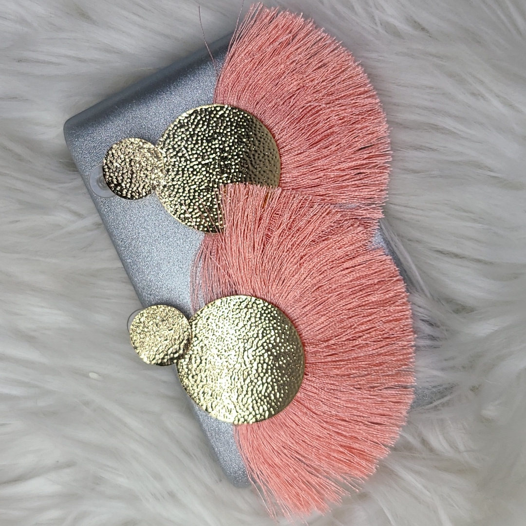 Earrings Hammered Gold Peach Fringe Lightweight Bold Statement Travel Beach Fun